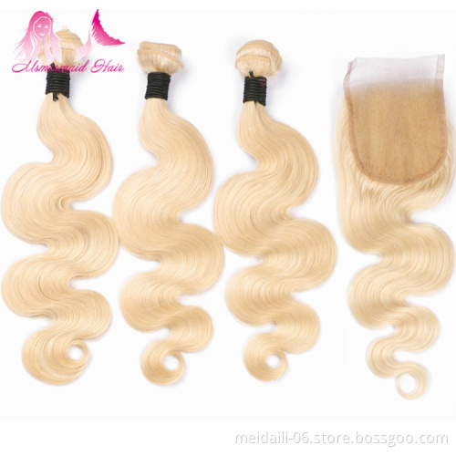 high quality virgin malaysian hair color 613 blonde body wave hair 3 bundles with 4*4 lace closure